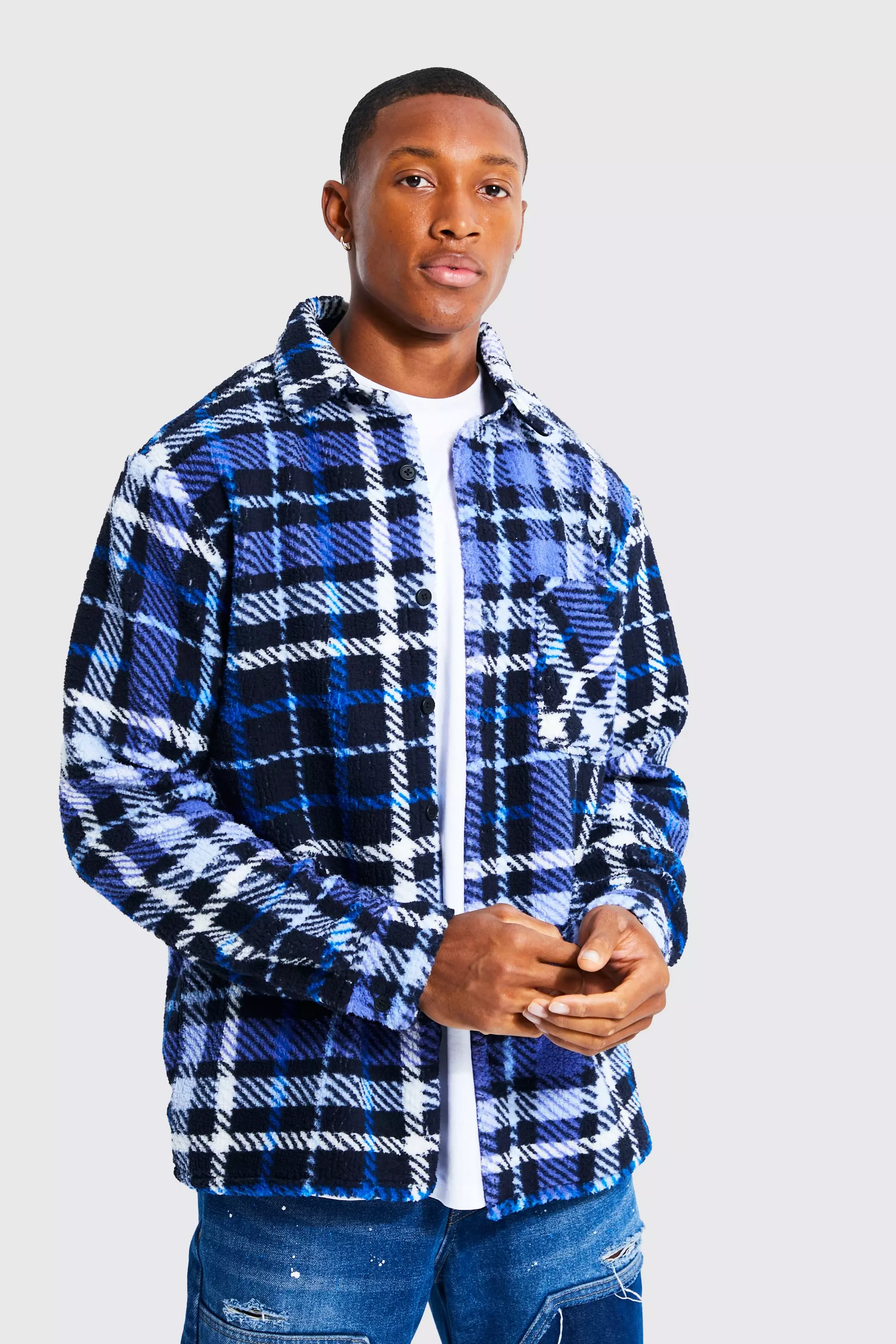 Mens check borg on sale jacket